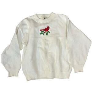 Vintage White Crew Winona Knits Sweater Red Cardinal Bird Womens Medium USA